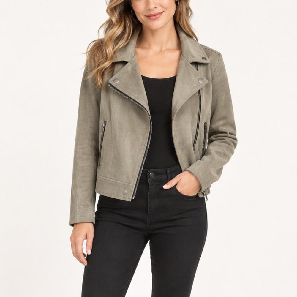 Allegra K Faux Suede Moto Biker Jacket Olive Army Green zip up XL NWT